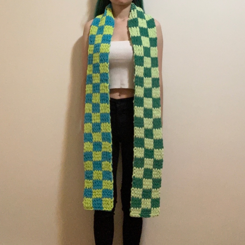 Handknit Dark Lime Green Turquoise Blue Checkered Colorblock Knit Scarf Handmade